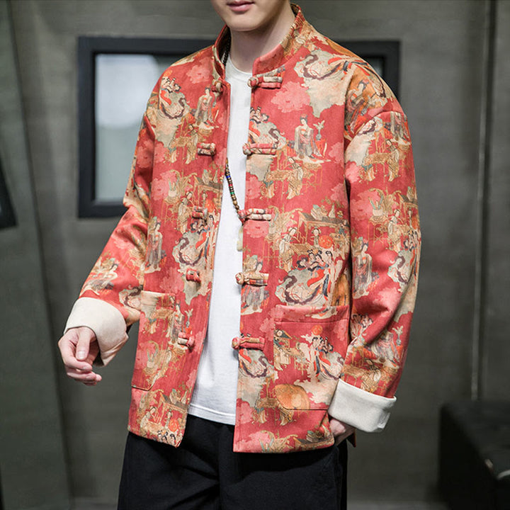Ropa de Año Nuevo chino con Buddha Stones, pintura de figuras antiguas, puños de color sólido, botones de rana, traje Tang, chaqueta de algodón para hombre, camisa con bolsillos