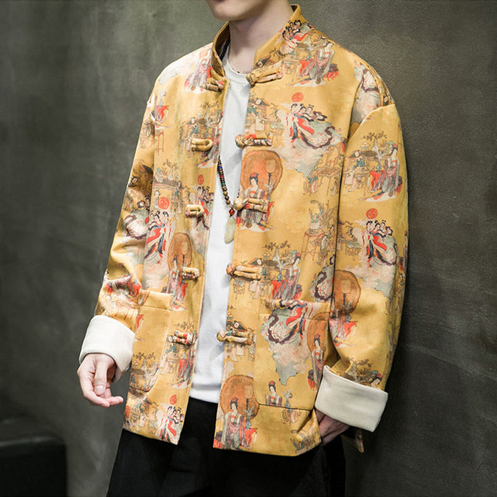 Ropa de Año Nuevo chino con Buddha Stones, pintura de figuras antiguas, puños de color sólido, botones de rana, traje Tang, chaqueta de algodón para hombre, camisa con bolsillos