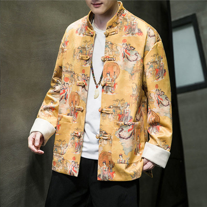 Ropa de Año Nuevo chino con Buddha Stones, pintura de figuras antiguas, puños de color sólido, botones de rana, traje Tang, chaqueta de algodón para hombre, camisa con bolsillos