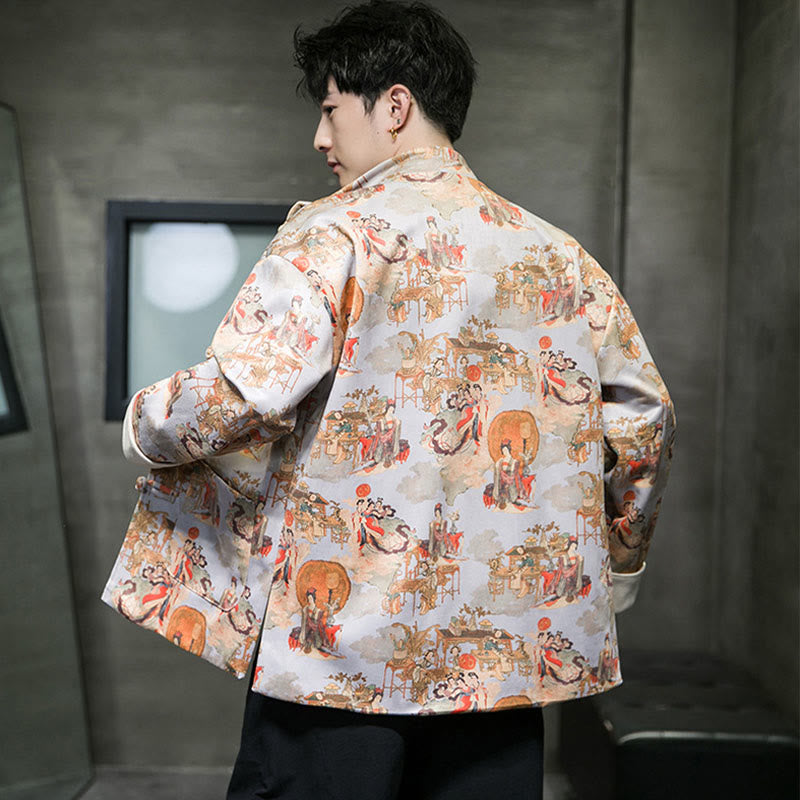 Ropa de Año Nuevo chino con Buddha Stones, pintura de figuras antiguas, puños de color sólido, botones de rana, traje Tang, chaqueta de algodón para hombre, camisa con bolsillos