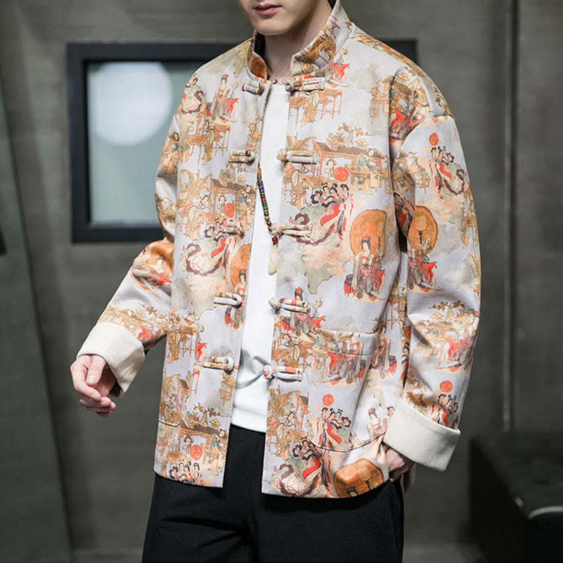 Ropa de Año Nuevo chino con Buddha Stones, pintura de figuras antiguas, puños de color sólido, botones de rana, traje Tang, chaqueta de algodón para hombre, camisa con bolsillos