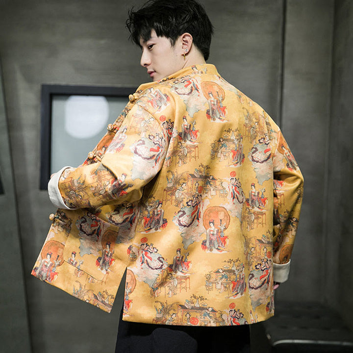 Ropa de Año Nuevo chino con Buddha Stones, pintura de figuras antiguas, puños de color sólido, botones de rana, traje Tang, chaqueta de algodón para hombre, camisa con bolsillos
