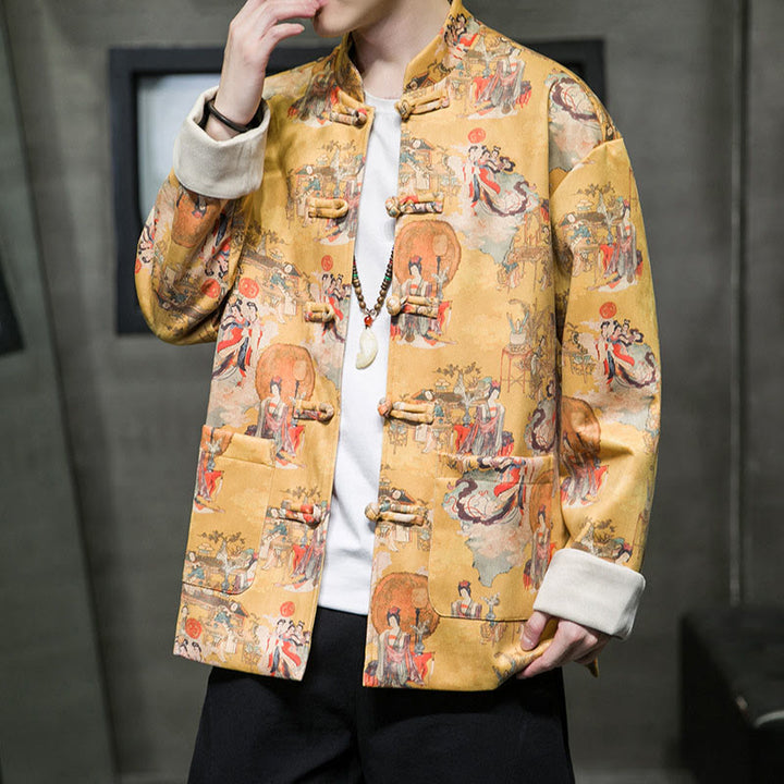 Ropa de Año Nuevo chino con Buddha Stones, pintura de figuras antiguas, puños de color sólido, botones de rana, traje Tang, chaqueta de algodón para hombre, camisa con bolsillos