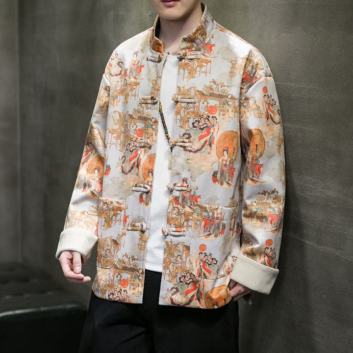 Ropa de Año Nuevo chino con Buddha Stones, pintura de figuras antiguas, puños de color sólido, botones de rana, traje Tang, chaqueta de algodón para hombre, camisa con bolsillos