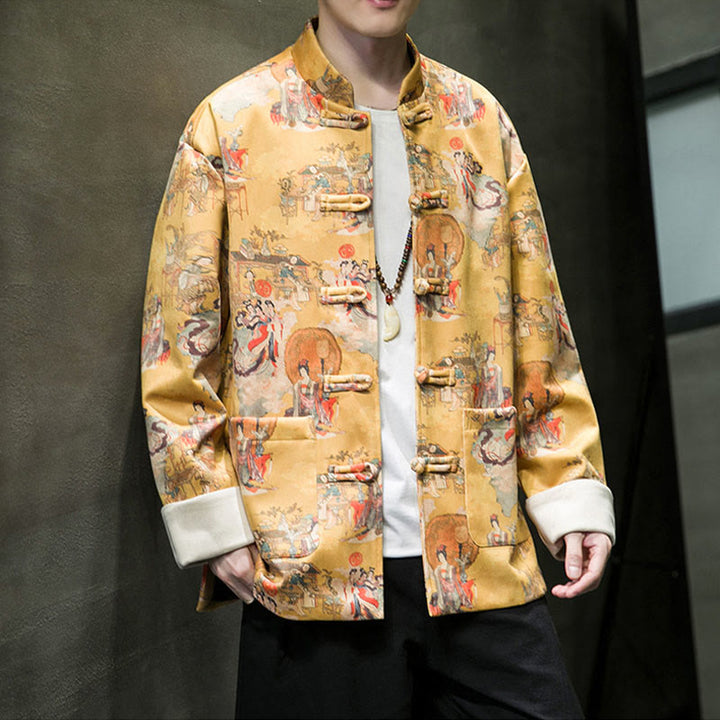Ropa de Año Nuevo chino con Buddha Stones, pintura de figuras antiguas, puños de color sólido, botones de rana, traje Tang, chaqueta de algodón para hombre, camisa con bolsillos