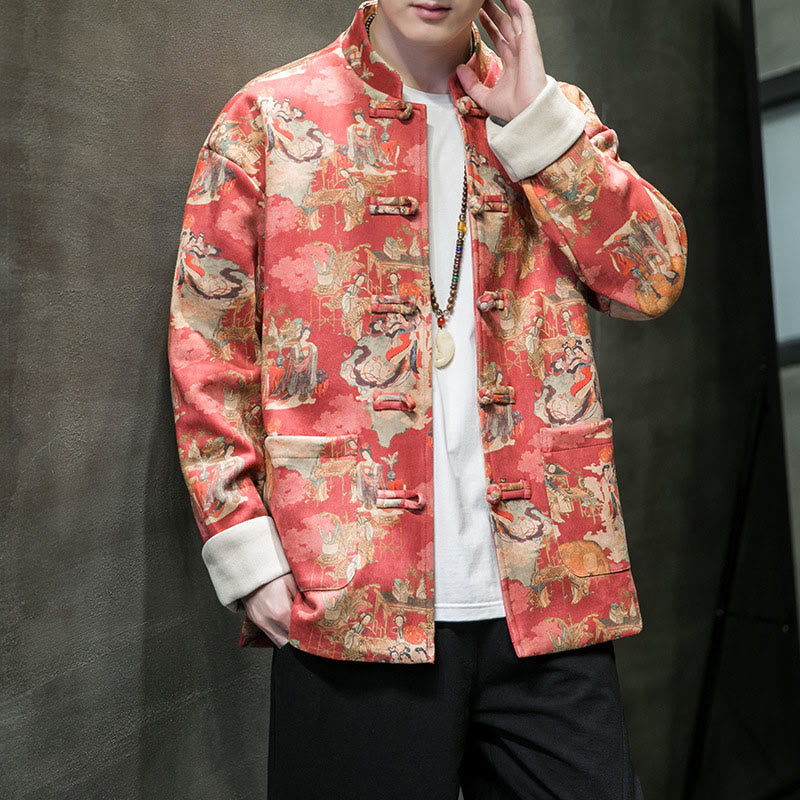 Ropa de Año Nuevo chino con Buddha Stones, pintura de figuras antiguas, puños de color sólido, botones de rana, traje Tang, chaqueta de algodón para hombre, camisa con bolsillos