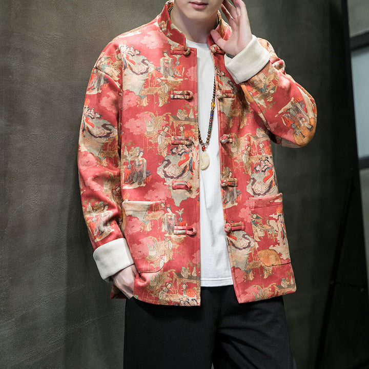 Ropa de Año Nuevo chino con Buddha Stones, pintura de figuras antiguas, puños de color sólido, botones de rana, traje Tang, chaqueta de algodón para hombre, camisa con bolsillos