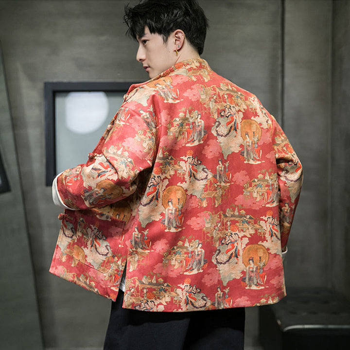 Ropa de Año Nuevo chino con Buddha Stones, pintura de figuras antiguas, puños de color sólido, botones de rana, traje Tang, chaqueta de algodón para hombre, camisa con bolsillos