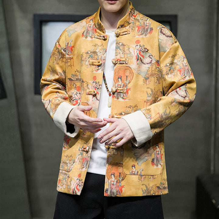 Ropa de Año Nuevo chino con Buddha Stones, pintura de figuras antiguas, puños de color sólido, botones de rana, traje Tang, chaqueta de algodón para hombre, camisa con bolsillos