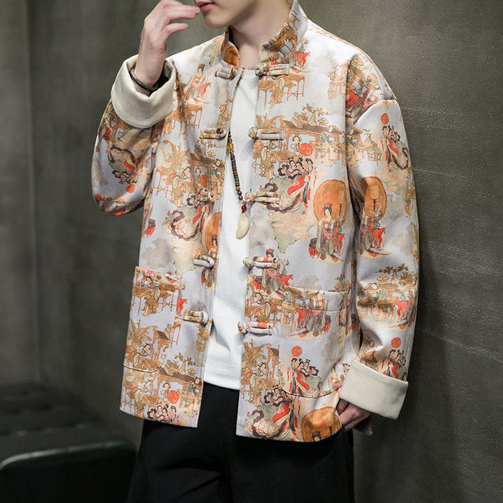 Ropa de Año Nuevo chino con Buddha Stones, pintura de figuras antiguas, puños de color sólido, botones de rana, traje Tang, chaqueta de algodón para hombre, camisa con bolsillos