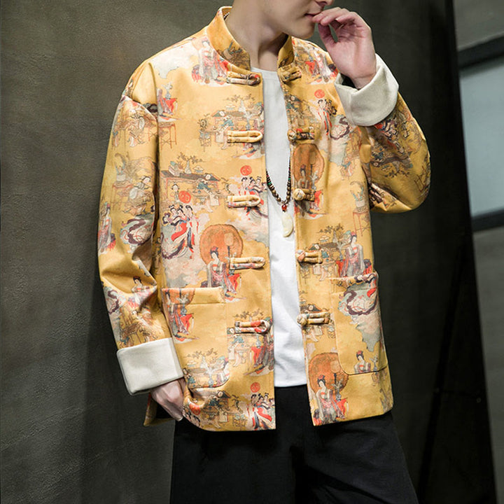 Ropa de Año Nuevo chino con Buddha Stones, pintura de figuras antiguas, puños de color sólido, botones de rana, traje Tang, chaqueta de algodón para hombre, camisa con bolsillos