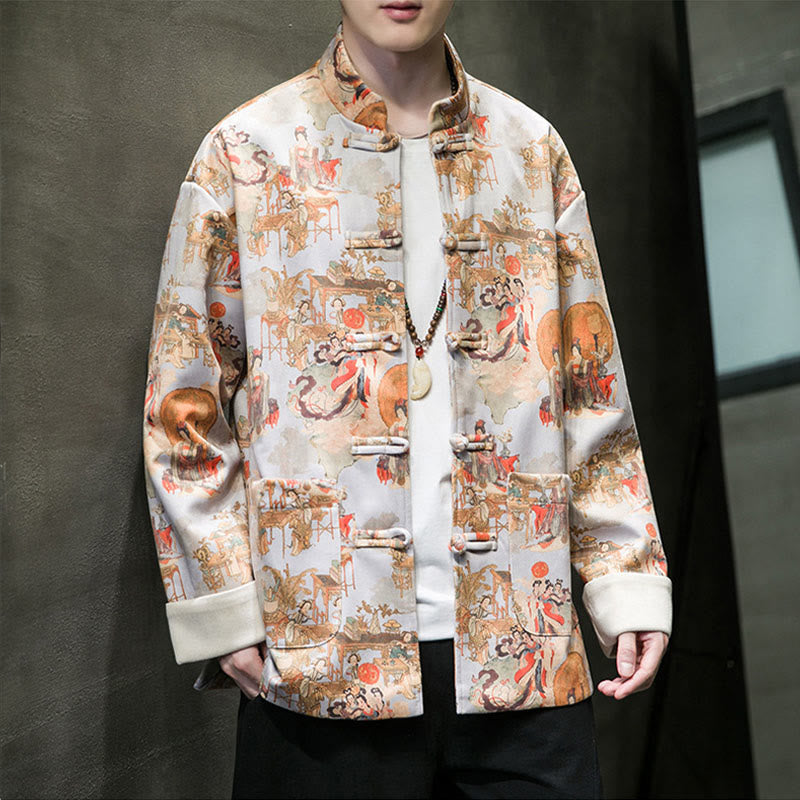 Ropa de Año Nuevo chino con Buddha Stones, pintura de figuras antiguas, puños de color sólido, botones de rana, traje Tang, chaqueta de algodón para hombre, camisa con bolsillos
