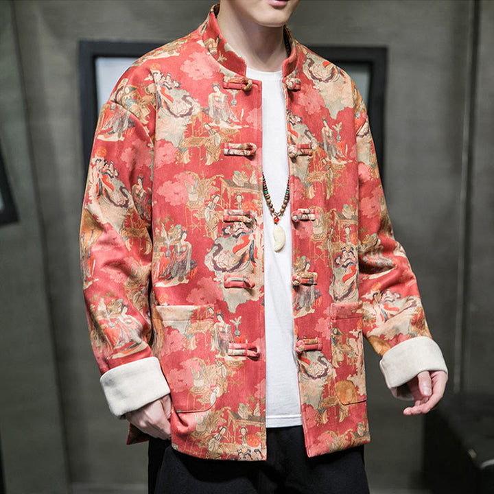 Ropa de Año Nuevo chino con Buddha Stones, pintura de figuras antiguas, puños de color sólido, botones de rana, traje Tang, chaqueta de algodón para hombre, camisa con bolsillos