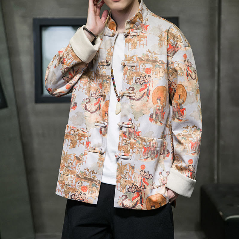 Ropa de Año Nuevo chino con Buddha Stones, pintura de figuras antiguas, puños de color sólido, botones de rana, traje Tang, chaqueta de algodón para hombre, camisa con bolsillos