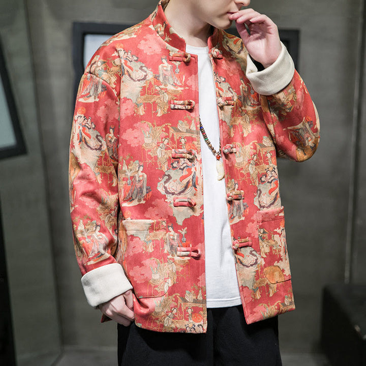 Ropa de Año Nuevo chino con Buddha Stones, pintura de figuras antiguas, puños de color sólido, botones de rana, traje Tang, chaqueta de algodón para hombre, camisa con bolsillos