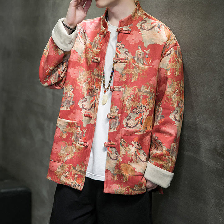 Ropa de Año Nuevo chino con Buddha Stones, pintura de figuras antiguas, puños de color sólido, botones de rana, traje Tang, chaqueta de algodón para hombre, camisa con bolsillos
