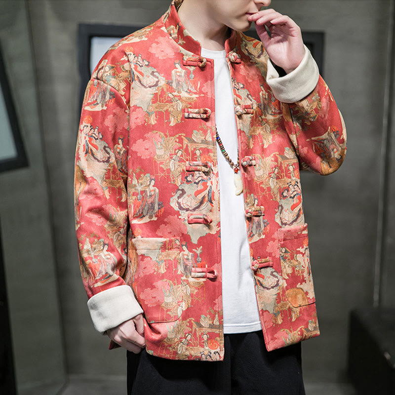 Ropa de Año Nuevo chino con Buddha Stones, pintura de figuras antiguas, puños de color sólido, botones de rana, traje Tang, chaqueta de algodón para hombre, camisa con bolsillos