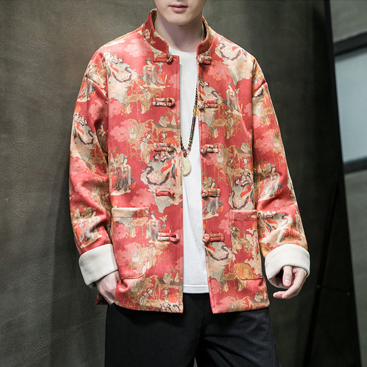 Ropa de Año Nuevo chino con Buddha Stones, pintura de figuras antiguas, puños de color sólido, botones de rana, traje Tang, chaqueta de algodón para hombre, camisa con bolsillos