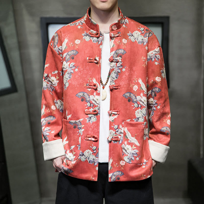 Buddha Stones , flores, abanicos, pájaros, botones de rana, chaqueta de algodón para hombre, camisa con bolsillos - Rojo anaranjado - US/UK/AU46, EU56 (5XL) - image 0