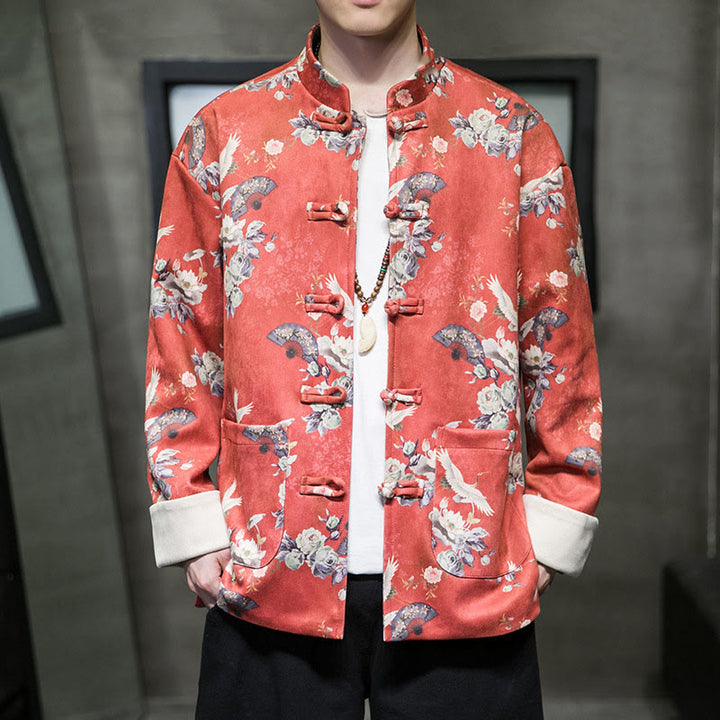 Buddha Stones , flores, abanicos, pájaros, botones de rana, chaqueta de algodón para hombre, camisa con bolsillos - Rojo anaranjado - US/UK/AU46, EU56 (5XL) - image 0