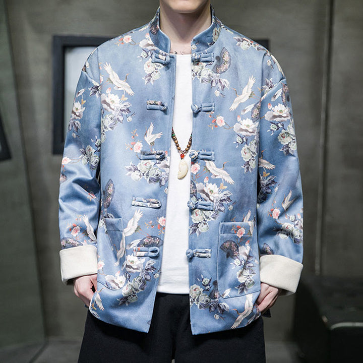 Buddha Stones , flores, abanicos, pájaros, botones de rana, chaqueta de algodón para hombre, camisa con bolsillos - Azul cielo claro - US/UK/AU46, EU56 (5XL) - image 8