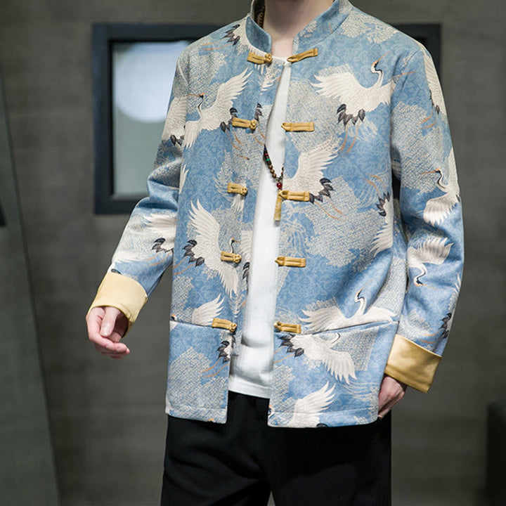 Buddha Stones , chaqueta, camisa y bolsillos, con botones de rana dorada y grulla blanca