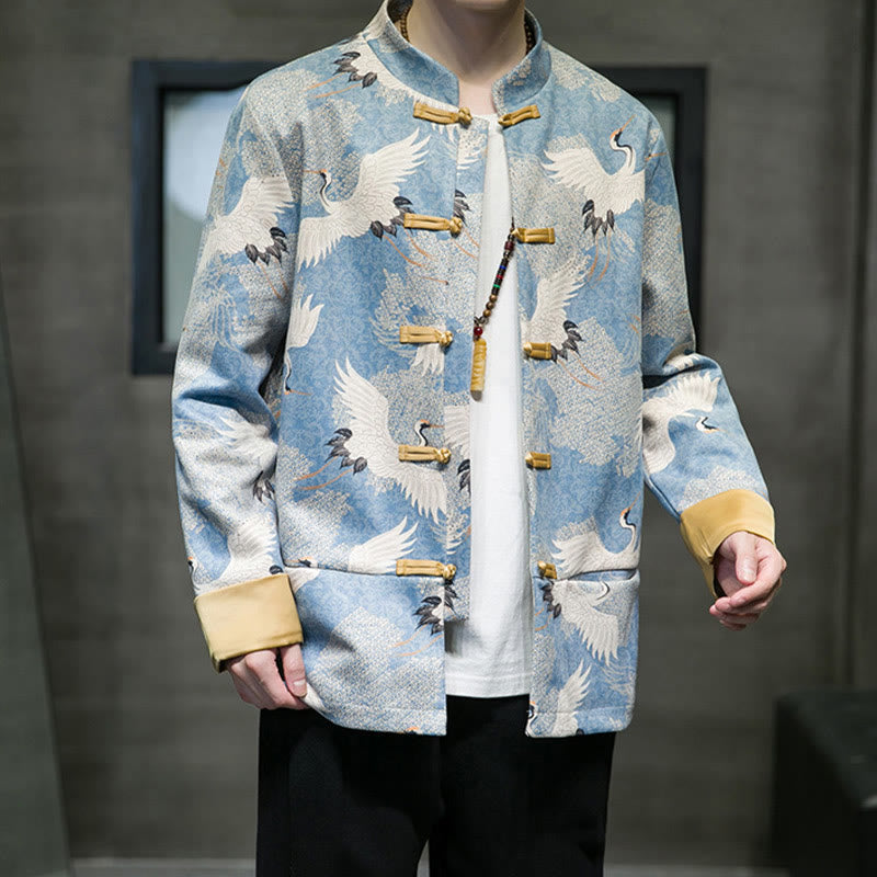 Buddha Stones , chaqueta, camisa y bolsillos, con botones de rana dorada y grulla blanca