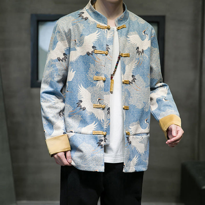 Buddha Stones , chaqueta, camisa y bolsillos, con botones de rana dorada y grulla blanca