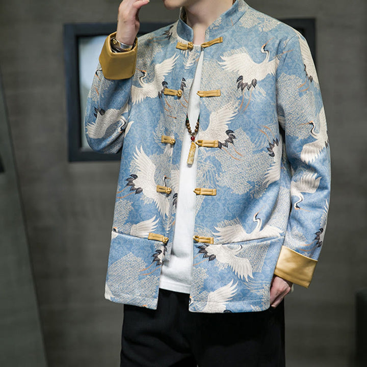 Buddha Stones , chaqueta, camisa y bolsillos, con botones de rana dorada y grulla blanca