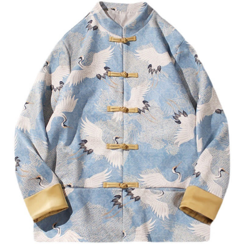 Buddha Stones , chaqueta, camisa y bolsillos, con botones de rana dorada y grulla blanca