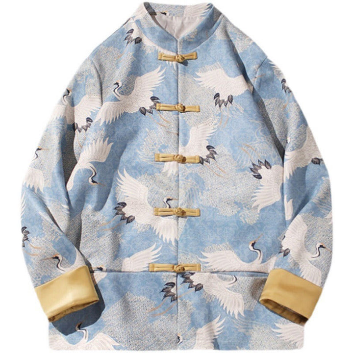 Buddha Stones , chaqueta, camisa y bolsillos, con botones de rana dorada y grulla blanca