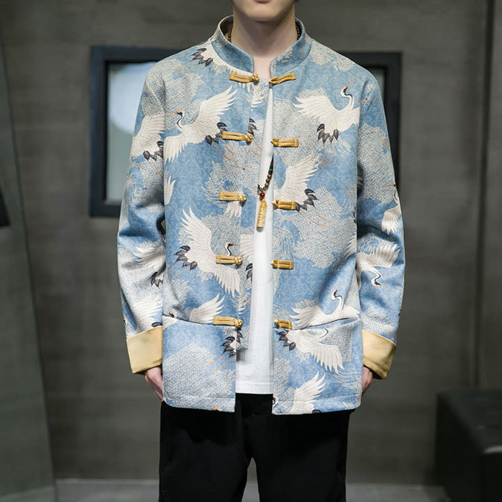 Buddha Stones , chaqueta, camisa y bolsillos, con botones de rana dorada y grulla blanca