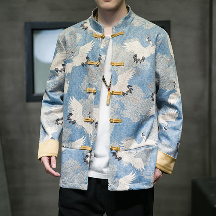 Buddha Stones , chaqueta, camisa y bolsillos, con botones de rana dorada y grulla blanca