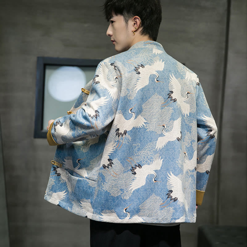 Buddha Stones , chaqueta, camisa y bolsillos, con botones de rana dorada y grulla blanca