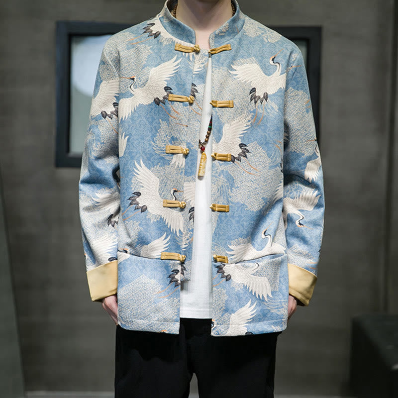 Buddha Stones , chaqueta, camisa y bolsillos, con botones de rana dorada y grulla blanca