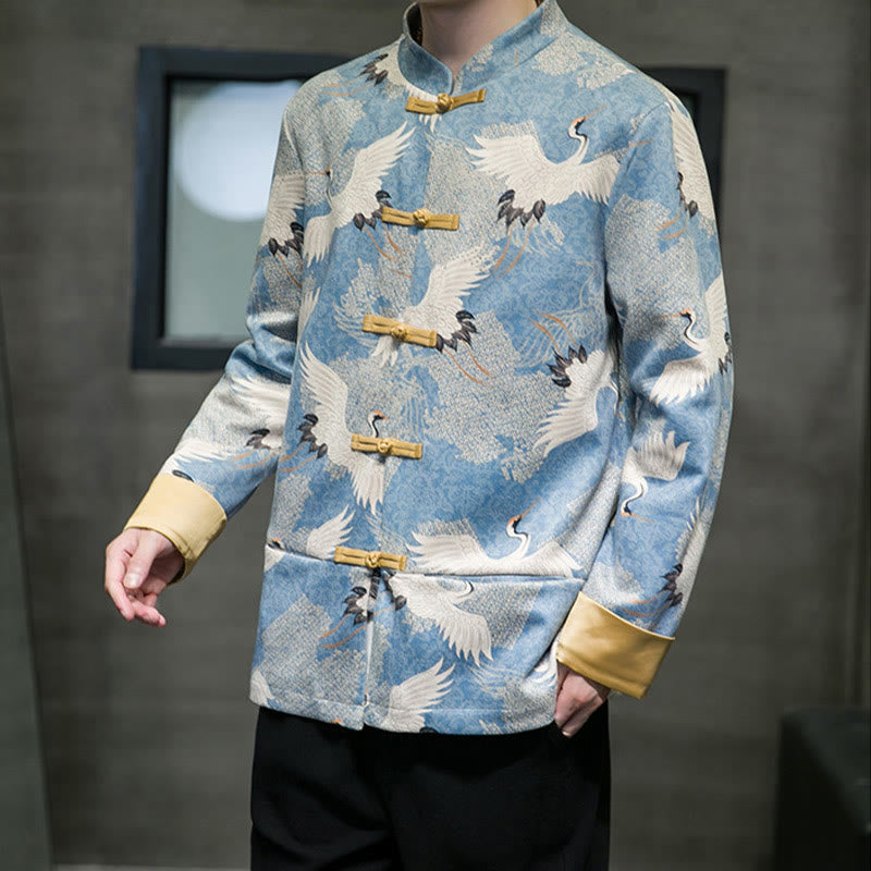 Buddha Stones , chaqueta, camisa y bolsillos, con botones de rana dorada y grulla blanca