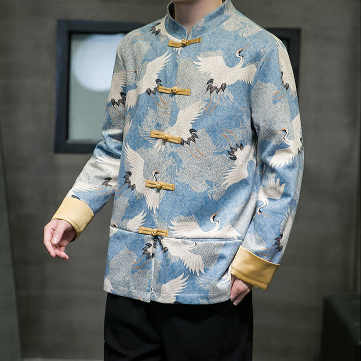 Buddha Stones , chaqueta, camisa y bolsillos, con botones de rana dorada y grulla blanca