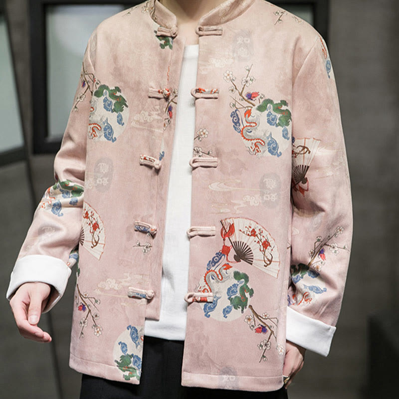 Traje Tang de algodón para hombre, chaqueta y camisa con botones de rana y flores, abanico de dragón y nubes auspiciosas, ropa de Año Nuevo chino con piedras de Buddha Stones