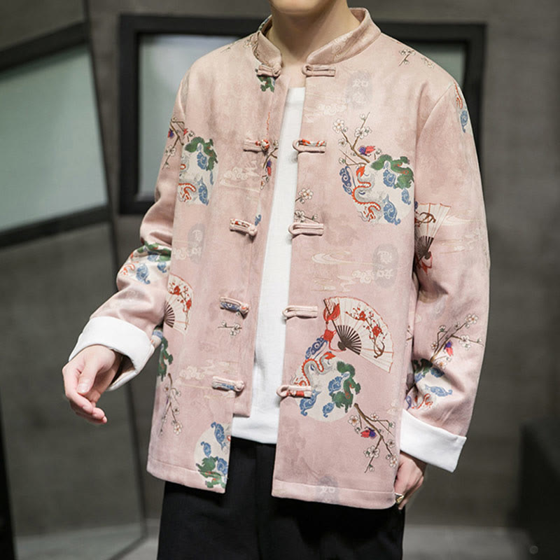 Traje Tang de algodón para hombre, chaqueta y camisa con botones de rana y flores, abanico de dragón y nubes auspiciosas, ropa de Año Nuevo chino con piedras de Buddha Stones