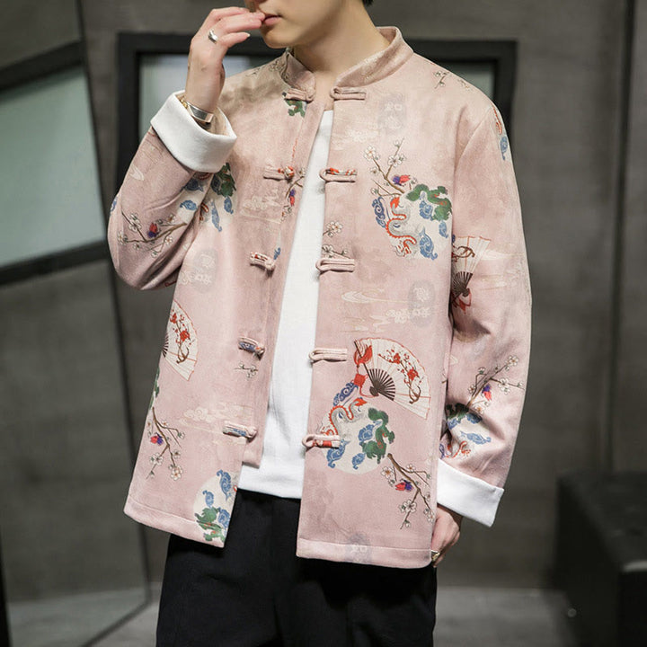 Traje Tang de algodón para hombre, chaqueta y camisa con botones de rana y flores, abanico de dragón y nubes auspiciosas, ropa de Año Nuevo chino con piedras de Buddha Stones