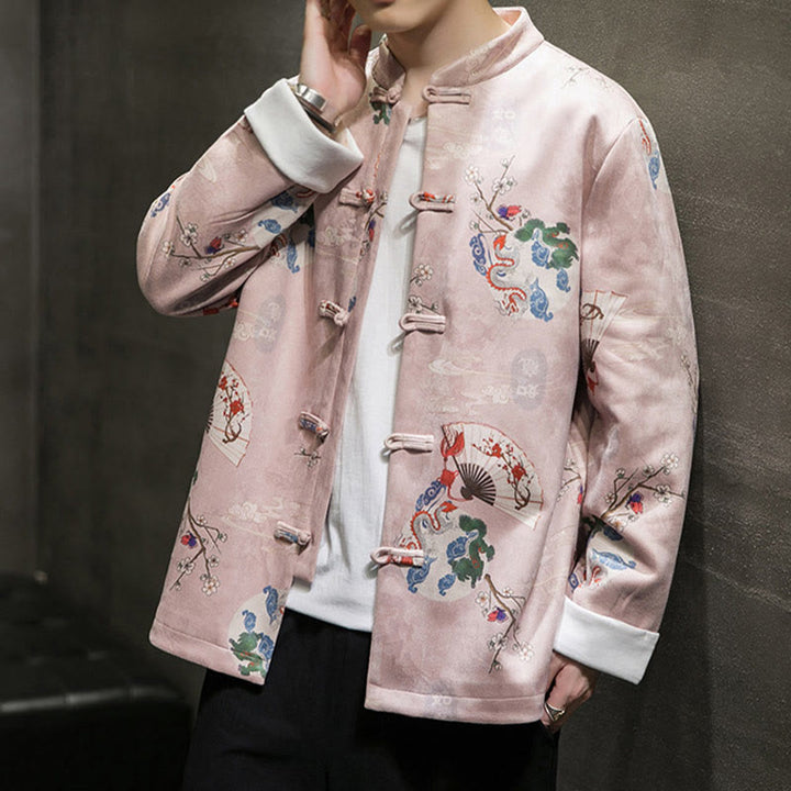Traje Tang de algodón para hombre, chaqueta y camisa con botones de rana y flores, abanico de dragón y nubes auspiciosas, ropa de Año Nuevo chino con piedras de Buddha Stones