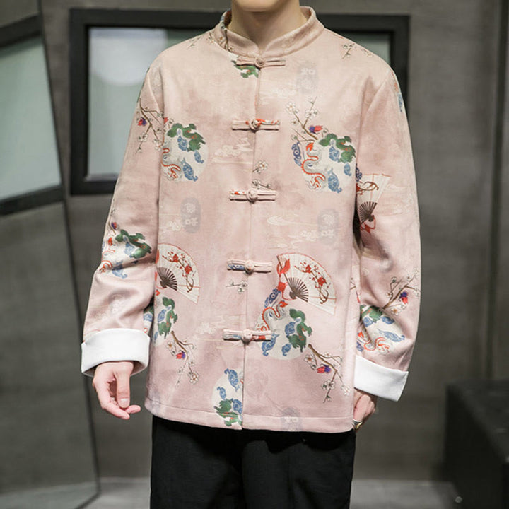 Traje Tang de algodón para hombre, chaqueta y camisa con botones de rana y flores, abanico de dragón y nubes auspiciosas, ropa de Año Nuevo chino con piedras de Buddha Stones