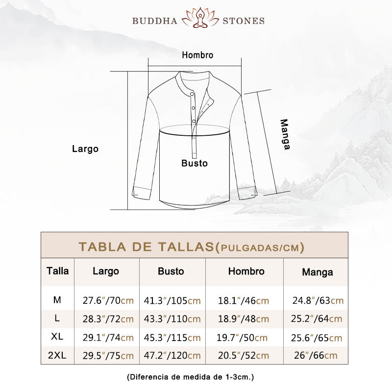 Camisa de lino y algodón con manga larga y medio botón de color liso con Buddha Stones para hombre - image 6