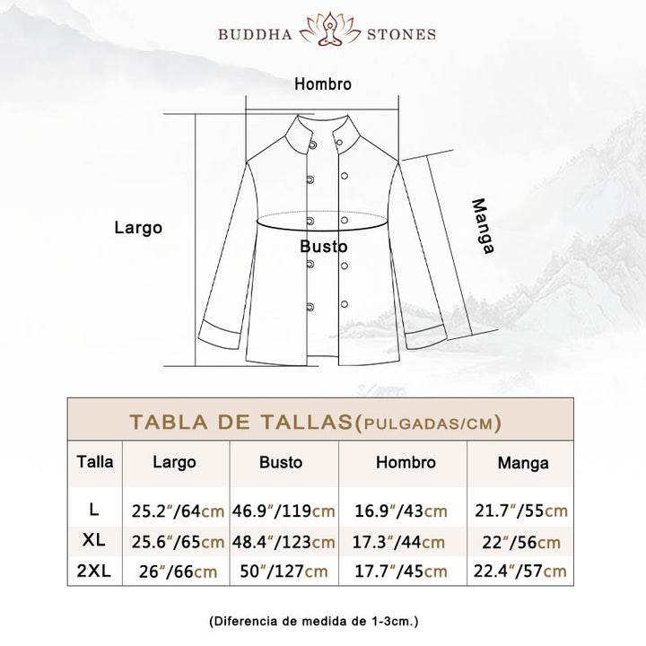 Chaqueta de mujer de algodón y lino con cuello alto, botones de rana y estampado de Buddha Stones en color liso. - image 5