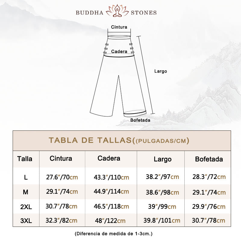 Pantalones casuales de algodón con botones de rana, cintura alta, pierna ancha y bolsillos de Buddha Stones