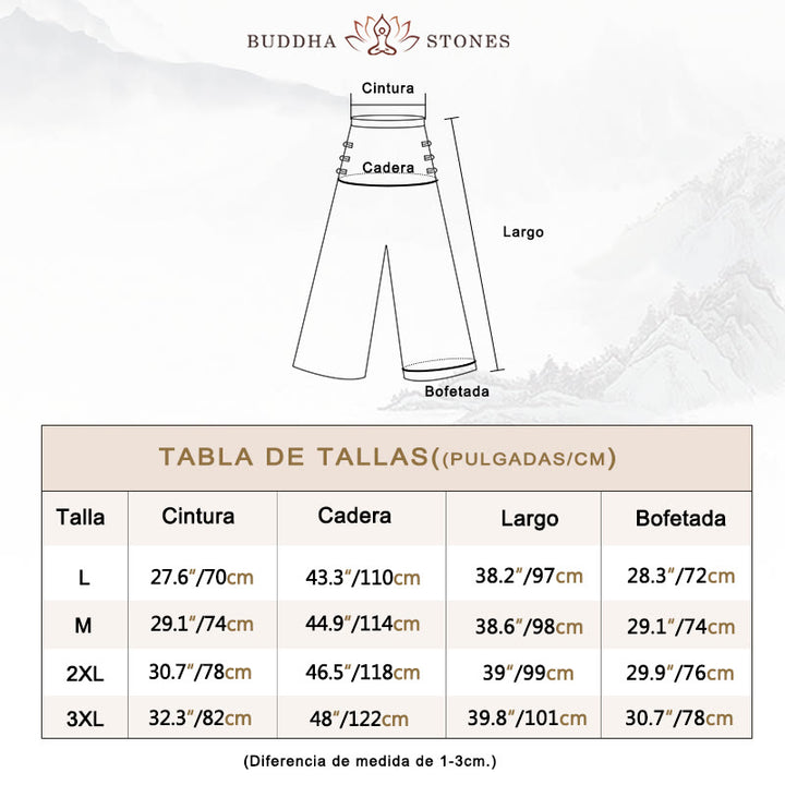 Pantalones casuales de algodón con botones de rana, cintura alta, pierna ancha y bolsillos de Buddha Stones