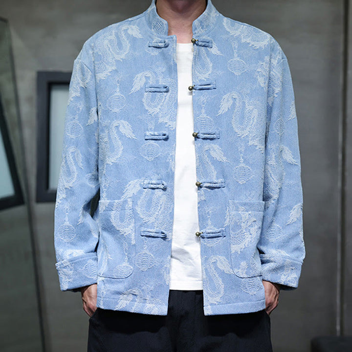 Traje Tang de algodón para hombre, chaqueta y camisa con bolsillos, bordado en jacquard con diseño de dragón, linterna y rana y botones , con Buddha Stones y año nuevo chino