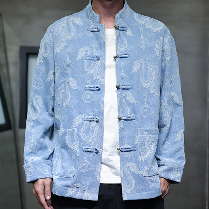 Traje Tang de algodón para hombre, chaqueta y camisa con bolsillos, bordado en jacquard con diseño de dragón, linterna y rana y botones , con Buddha Stones y año nuevo chino