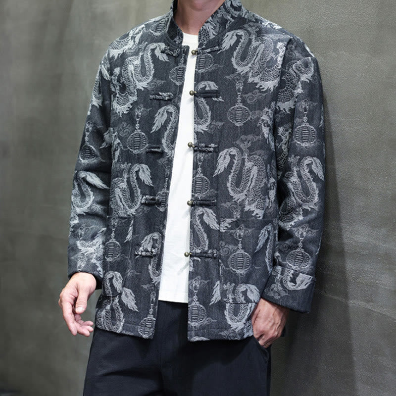 Traje Tang de algodón para hombre, chaqueta y camisa con bolsillos, bordado en jacquard con diseño de dragón, linterna y rana y botones , con Buddha Stones y año nuevo chino