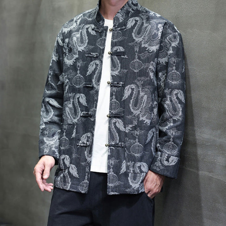 Traje Tang de algodón para hombre, chaqueta y camisa con bolsillos, bordado en jacquard con diseño de dragón, linterna y rana y botones , con Buddha Stones y año nuevo chino